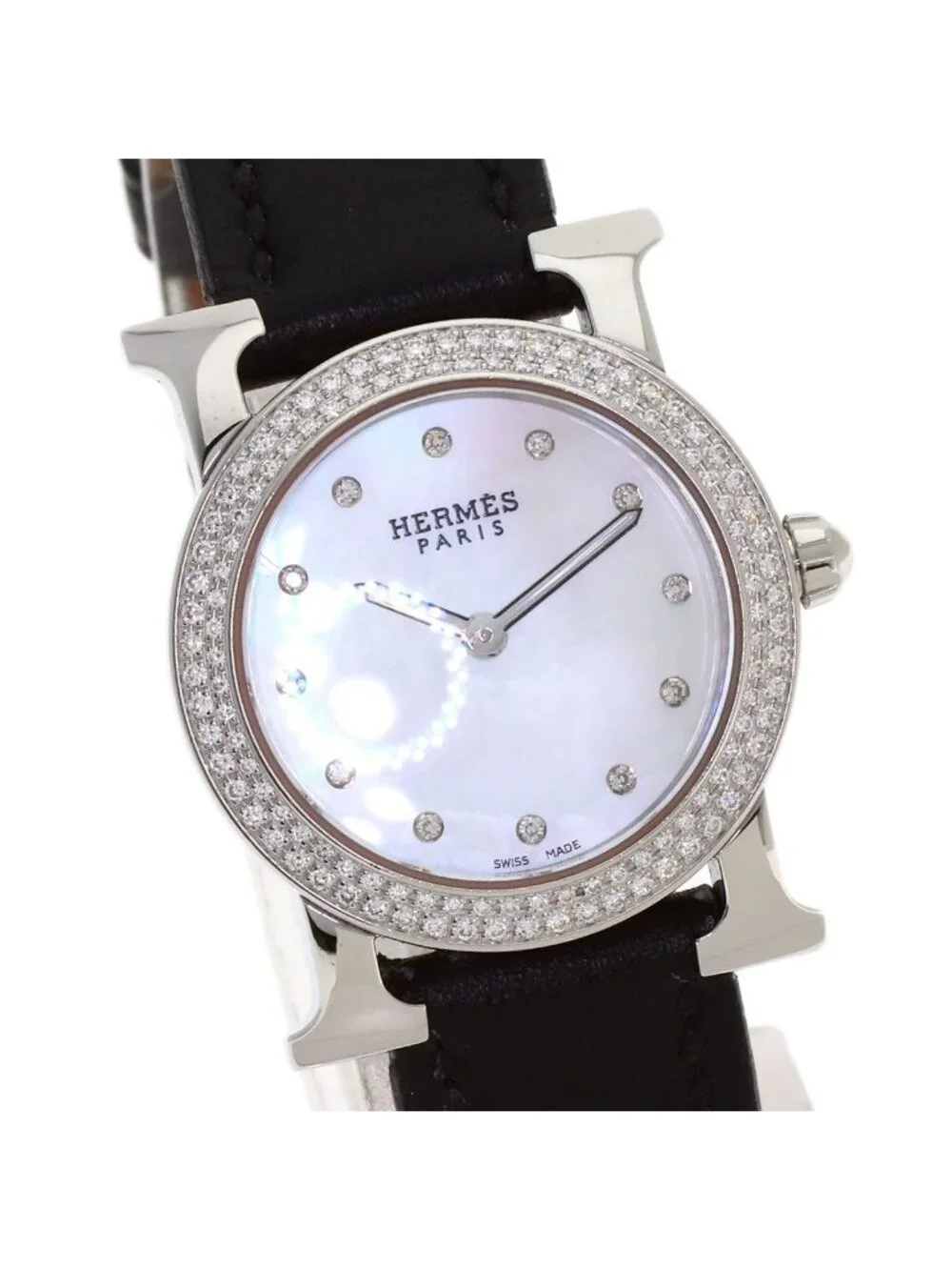 Hermes H Watch Ronde Bezel Diamond SS Leather